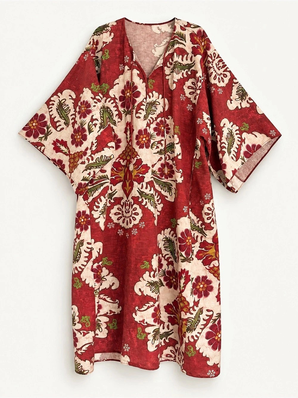 Zara Floral Linen-Blend Maxi Dress in Red & Cream